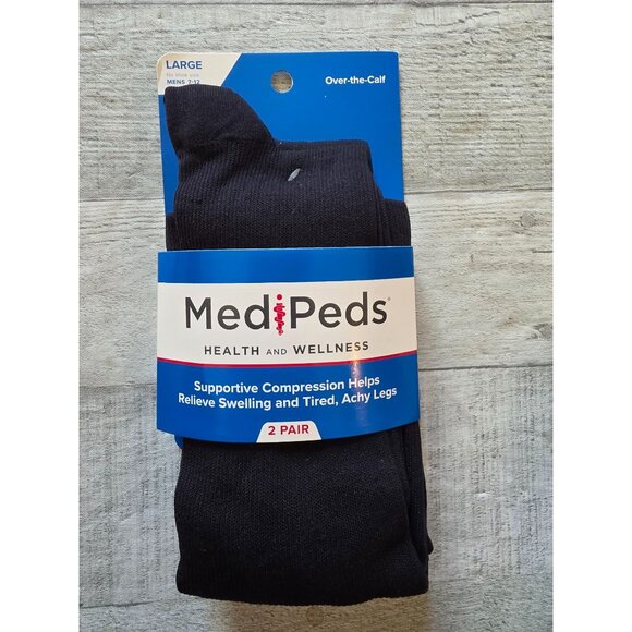 MediPeds Mens Over-The-Calf Compression Socks Large 2 Pair Black - Picture 1 of 3